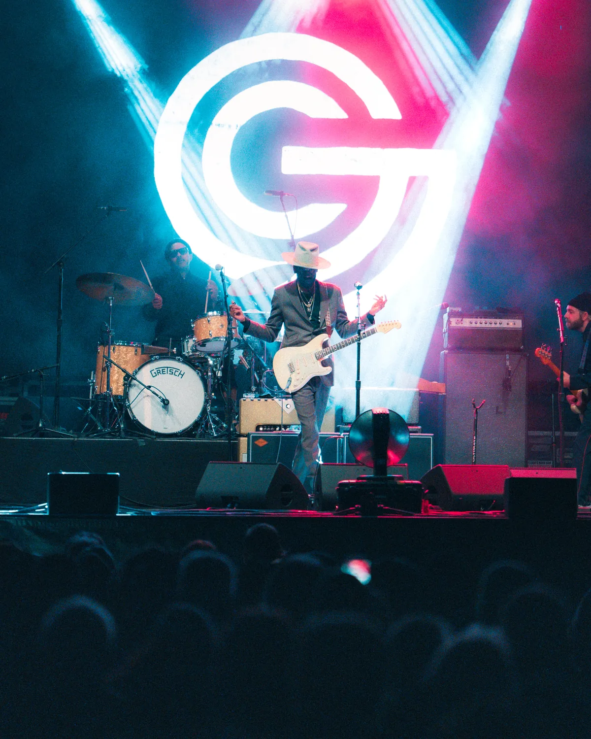 Gary Clark Jr performing on stage with band at Fort Mose Jazz Festival in St. Augustine, Florida