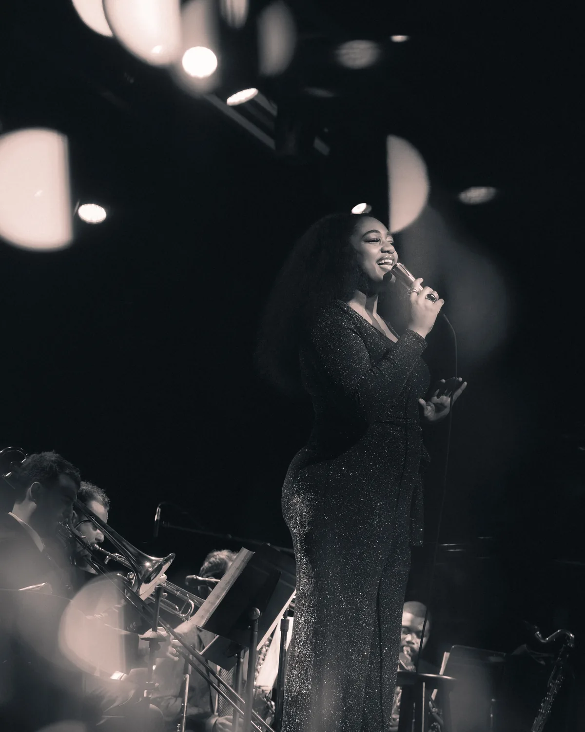 Samara Joy performing with orchestra at Fort Mose Jazz Festival in St. Augustine, Florida